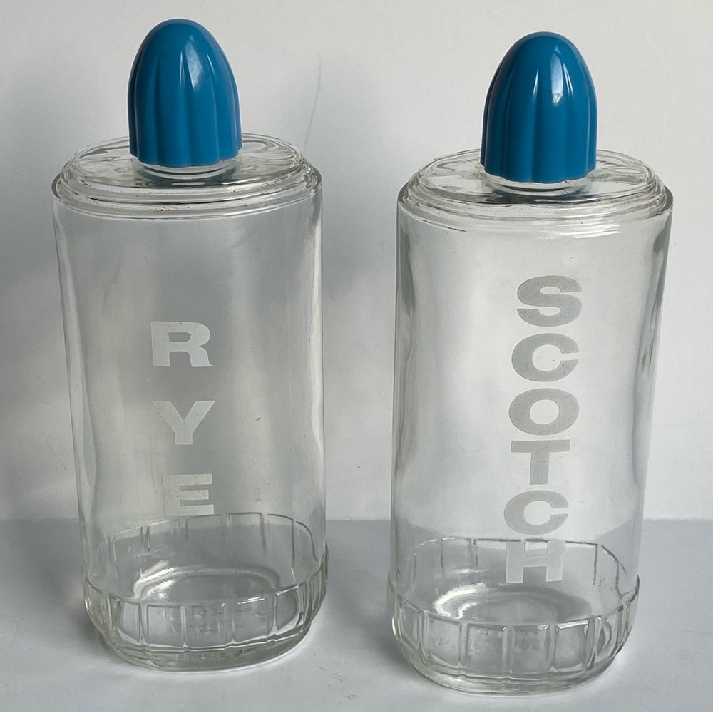 Vintage Glass Liquor Travel Bottles Scotch And Rye EUC Blue Caps 40’s 7” Tall